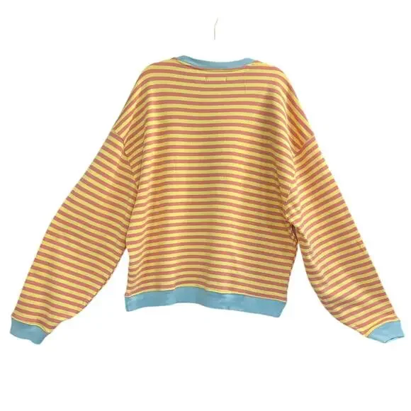 New Free People Classic Striped Oversized Crewneck In Orange Combo Women's Sz M - Picture 5 of 7